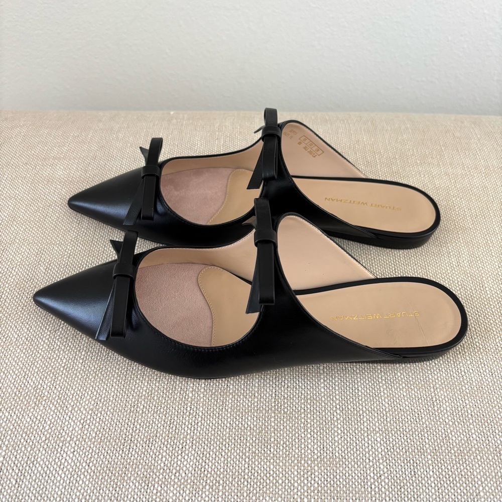 Stuart Weitzman Reese Flat Slide NIB Black Leather Mary-Jane Bows Pointy Toes 8 - Picture 6 of 15